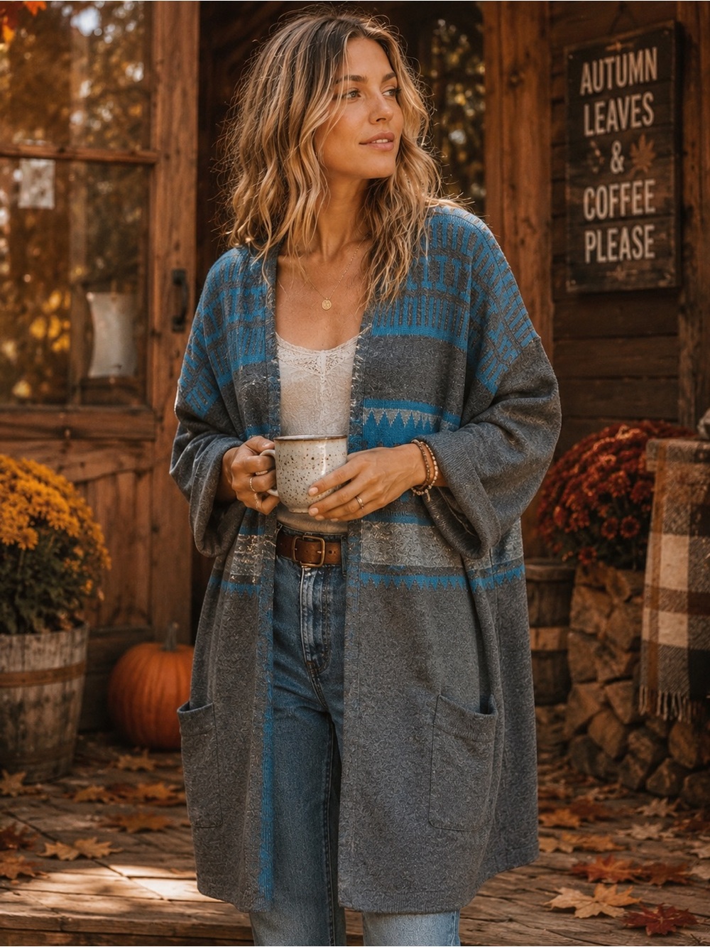 Sundance Quiet Isle Cashmere Wool Boho Duster Cardigan L Fair Isle Sweater open - Picture 5 of 10